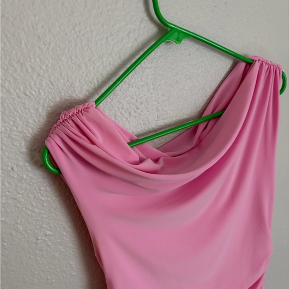 Aritzia Pink Ruched Pink Off The Shoulder Drop Waist Mini Dress - Picture 3 of 6